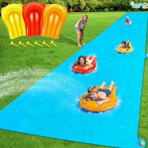 40 * 7Ft Extra Long n Width Slip Water Slide, Heavy Duty Lawn Water Slides and 3 Bodyboards 6 Stakes, Summer Outdoor Water Toys for Kids Teens and Adults Backyard Beach Swimming Pool Party - style: 40Ft Extra Long Water Slide