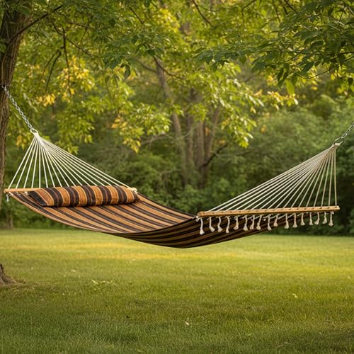Sunnydaze Quilted Double Hammock for Outside with Spreader Bars and Pillow - 450 lb Capacity, 74x55 Inch Bed, UV Resistant, Quick Dry - Chains Included, Stand Sold Separately - Woodland Stripe - color: Woodland Stripe