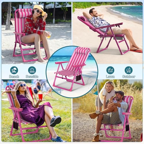 Suteck Backpack Beach Chair, 6-Positions Beach Chairs for Adults with Cooler Bag, Reclining Beach Chair with Cup Holder Folding Camping Chair for Sand Outdoor - color: Striped Pink