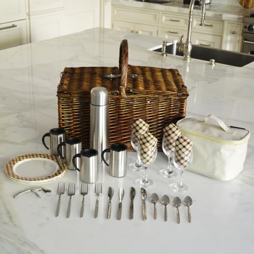 Picnic at Ascot Buckingham Willow Picnic Basket with Service for 4 and Coffee Service - Blue Stripe - color: Brown Wicker- London Plaid Plates/Napkins