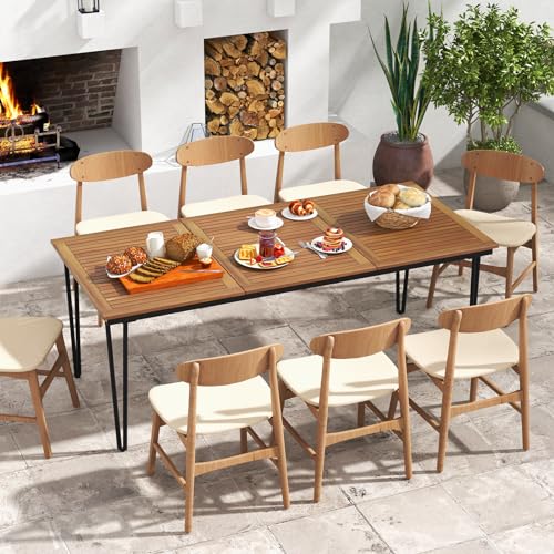 Tangkula 79 Inch Outdoor Dining Table for 8, Acacia Wood 8-Person Patio Table with 1.9 Inch Umbrella Hole, Metal Legs & Adjustable Foot Pads, Rectangular Outside Table for Garden, Poolside & Backyard - size: 79"