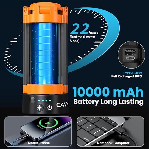 CAVN Rechargeable Camping Lights with Remote & Detachable Tripod Max Height 6.0 ft, Portable Work Light with 3 LED Lamp Heads, Camping Essentials Gear Emergency Flashlight with Hook, Orange - color: Orange