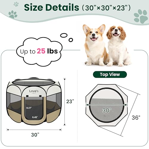 Love's cabin Pet Puppy Dog Playpen, Medium Dog Tent Crates Cage Indoor/Outdoor, Portable Playpen for Cat, Foldable Pop Up Dog Kennel Playpen with Carring Case, Removable Zipper Top, Khaki - color: Khaki, size: 30.0"L x 30.0"W x 23.0"H