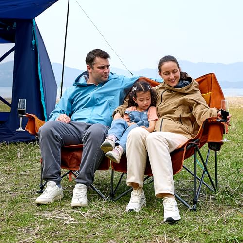 Timber Ridge Double Camping Chair, Heavy Duty Outdoor Folding Camp Couch, Loveseat Camping Chairs Perfect for Campsites, Patio/Lawn, Soccer Games or Other Youth Sports, Supports 600 lbs - color: Loveseat Orange