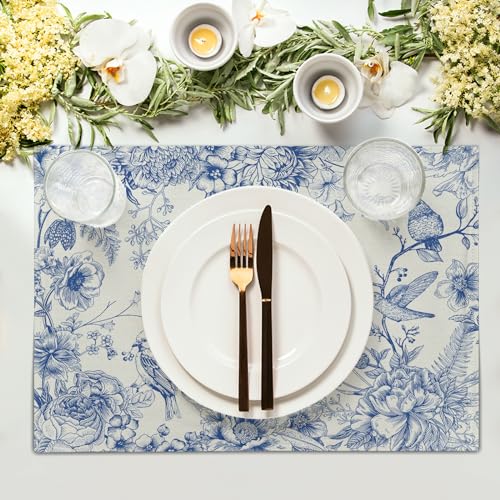 Chinoiserie Placemats Set of 4,18X12 Inch Blue Birds Floral Porcelain Washable Heat Resistant Place Mats for Spring Summer Seasonal Kitchen Party Dining Table Decoration - color: Chinoiserie Flowers