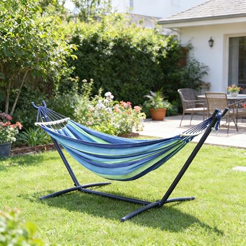 Double Hammock with Freestanding Steel Stand, Portable & Easy Setup, 550lb Capacity Heavy Duty for Patio, Garden,Backyard, Camping, Indoor & Outdoor - Includes Carry Bag (Blue Stripe) - color: Ocean Breeze
