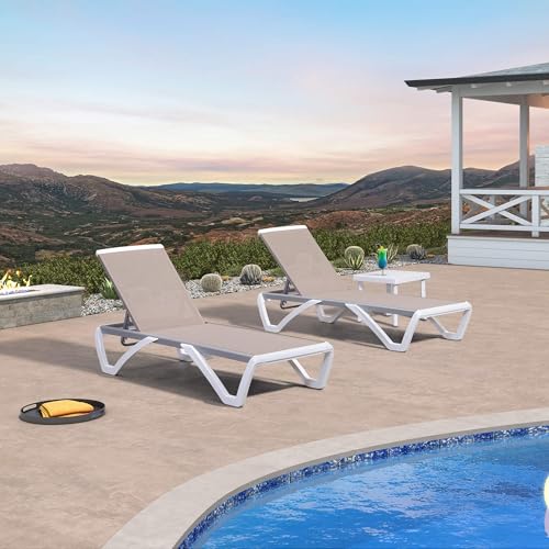 PURPLE LEAF Patio Chaise Lounge Chair Set of 3 Outside Aluminum Plastic Stackable Tanning Chairs for Pool Sunbathing Beach Deck Outdoor Lounger, Khaki - color: Khaki, style: 2 chairs + 1 table