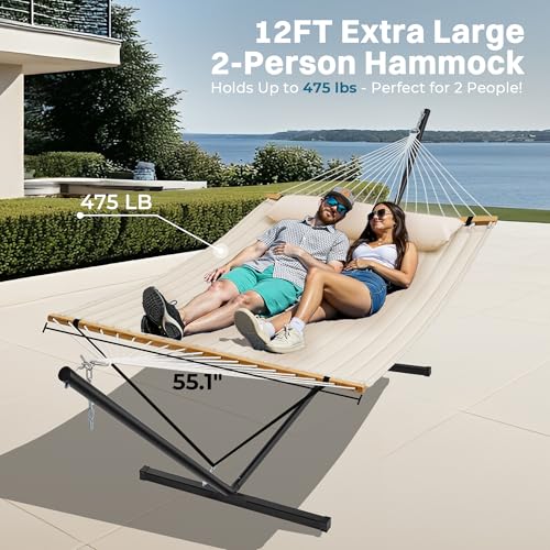 SUPERJARE Hammock with Stand, 2 Person Quilted Outdoor Hammock, Detachable Pillow & Bamboo Spreaders, Portable Hammock with Carrying Bag, Heavy Duty Stand, Perfect for Outside, Patio, Cream Beige - color: Cream Beige, size: 55.1"W × 74.8''D × 43.3''H