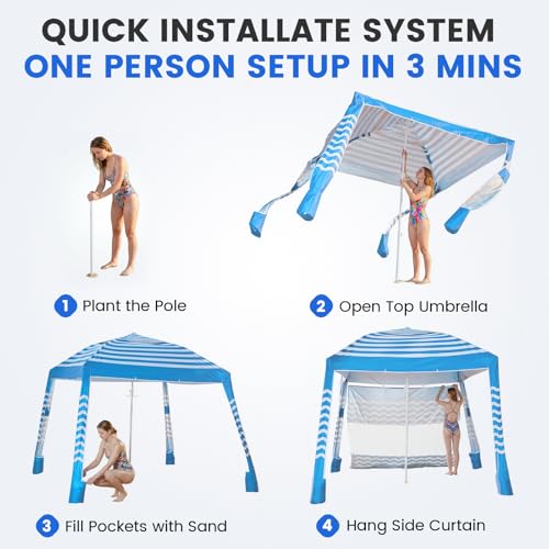 Zeraty Beach Cabana 8'×8', Portable Beach Canopy with Side Wall, UPF 50+ Silver-Coated Beach Tent Sun Shelter, Wind Resistant Adjustable Altitude Beach Umbrella Tent for Family, Sky Blue - color: Sky Blue