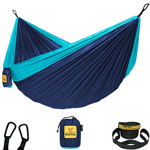 Wise Owl Outfitters Camping Hammock – 500lbs Portable Hammock with Tree Straps - Travel, Backpacking, Hiking, Outdoors Camping Gear - Single or Double - color: Navy & Light Blue, size: Single