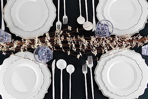 PLASTICPRO 32 Pack Elegant Disposable Plastic Plates Combo Set Includes 16 Dinner Plates and 16 Salad Plates Heavy Duty Fancy Party Plates White & Silver Contemporary Design - color: White & Silver Contemporary