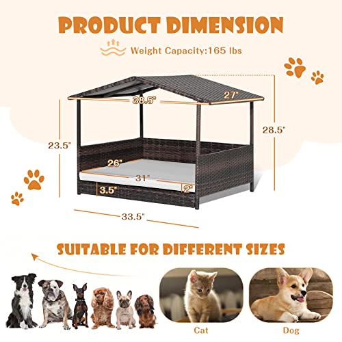 Giantex Wicker Dog House, Raised Rattan Dog Bed with Waterproof Roof, Washable Cushion Cover, Steel Frame, Indoor Outdoor Elevated Dog Bed Pet House for Small Medium Dogs Cats, Easy Assembly - style: Brown House & White Cushion