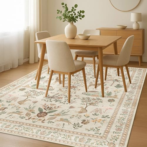 Beige Rug 3x5, Washable Boho Floral Botanical Animal Area Rug with Non Slip Backing Design,Indoor Soft Low Pile Carpet for Bedroom, Bedside, Kitchen, Kids Room, College Dorm for Girls - color: B#pink (Animal), size: 3' x 5' (Rectangular)