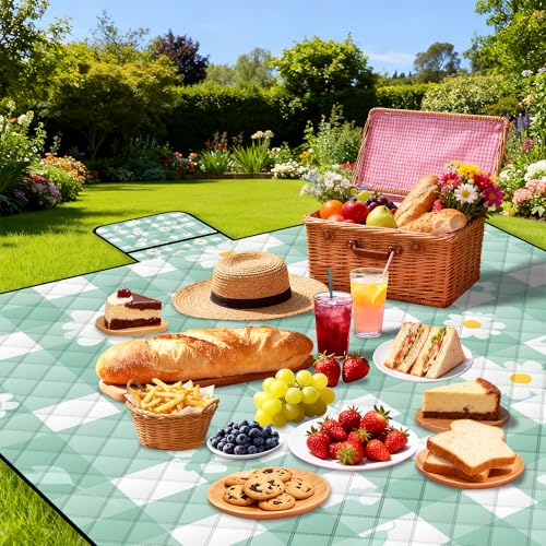 Extra Large Picnic Blanket Waterproof,80"x 80"Foldable Machine Washable Beach Blanket,Outdoor Blanket for 6-8 Adults,Suitable for Indoor Crawling,Park Beach,Camping,Hiking,Family Travel(Light green) - color: Green Flower, size: 6'8" x 6'8" (Square)