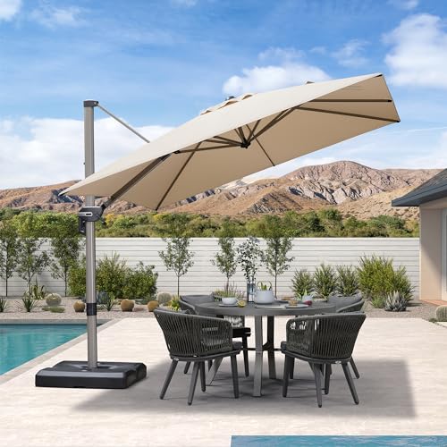 PURPLE LEAF 9’ X 9‘ Patio Umbrella Outdoor Cantilever Umbrella, Aluminum Offset Umbrella with Champagne Frame and 360° Rotation for Pool Deck Garden, Beige - color: Beige, size: 9' x 9'