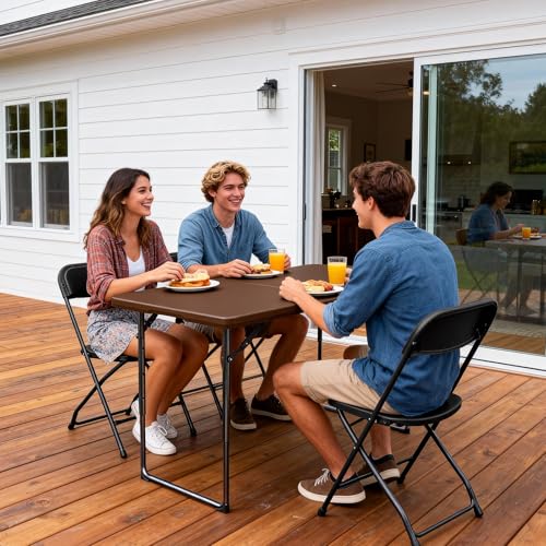 Folding Table 4ft - Heavy Duty Fold-in-Half Plastic Table with Adjustable Height, Portable Utility Tables with Steel Legs for Indoor, Outdoor, Picnic, Camping, Dining, Party(Brown) - color: Brown, size: 4ft