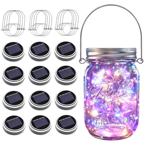Solar Mason Jar Lights, 12 Pack 30 LED Firefly Fairy String Lights, Waterproof Outdoor Solar Mason Jar Lid Lights with Hangers(NO Jars) for Patio Garden Yard Wedding Decoration - Multicolor - color: Multicolor