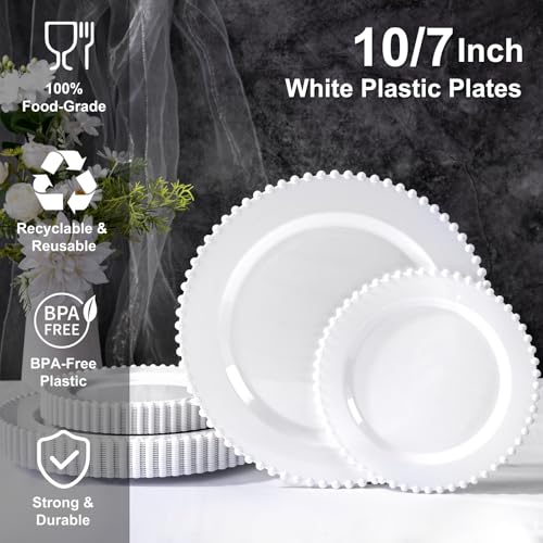 U-QE 60PCS White Plastic Plates - Fancy Beaded Plates Disposable Heavy Duty - Premium Hard Plastic Plates for Party, Wedding & Birthday Including 30 Dinner Plates 10" & 30 Dessert Plates 7" - color: White