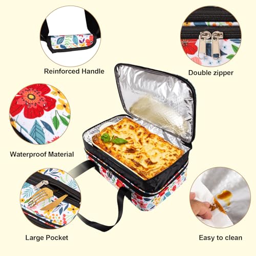 Double Decker Casserole Carrier Fits Pioneer Woman Kitchen Stuff & 9x13 Baking Dish, Expandable Lasagna Lugger Tote, Leakproof Thermal Food Warmer Bag for Potluck, Travel, Hot/Cold Food & Mom Gifts - color: Double Floral#2