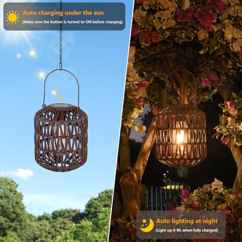 Rattan Outdoor Solar Lanterns, Solar Lights Outdoor Waterproof, 2 Pack Outside Table Lamp, Gardening Lantern Lights Gifts for Women, Hanging Lantern for Yard, Patio, Tree, Tabletop Decoration (Coffee) - size: 2 Pack-Coffee