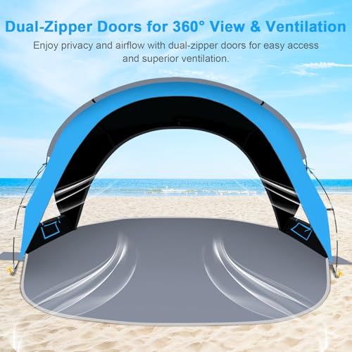Gorich Beach Tent Sun Shelter with UPF50+ UV Protection for 1-2/3/4-5/6-7 Person, Lightweight & Portable Beach Shade Canopy with 2 Zippered Doors, Easy Setup Family Beach Umbrella - color: Dark Shelter-Skyblue, size: 4 Person