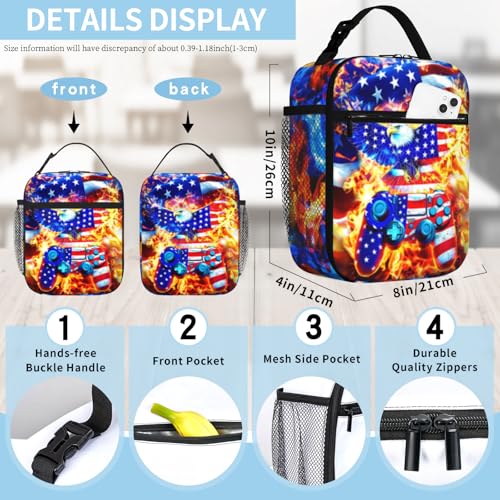 Insulated Lunch Bag for Boys Girls American Eagle Kids Boys Lunch Box for School Reusable LunchBag for School Work Office Travel Picnic Hiking Beach Portable Video Game Lunchbox with Adjustable Strap - color: Eagle game