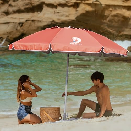 AMMSUN 8 Feet Large Beach Umbrella with Sand Anchor Heavy Duty High Wind Portable Outdoor Umbrellas UV 50+ Protection Air Vent Tilt Patio Garden Pool - color: Red