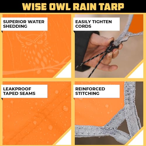 Wise Owl Outfitters Hammock Rain Fly – Waterproof Camping Tarp Cover with Tent Stakes & Carry Bag, Ultralight Shelter for Backpacking & Outdoor Shade - color: Orange, size: Standard (26 oz)