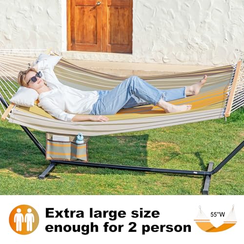 Gafete Waterproof Double Hammock with Stand for Outside Heavy Duty, 2 Person 55'' Large Quick Dry Textilene Hammocks with Hardwood Spreader Bar, Pillow, Pockets, for Outdoor, 475lbs Capacity (Coffee)