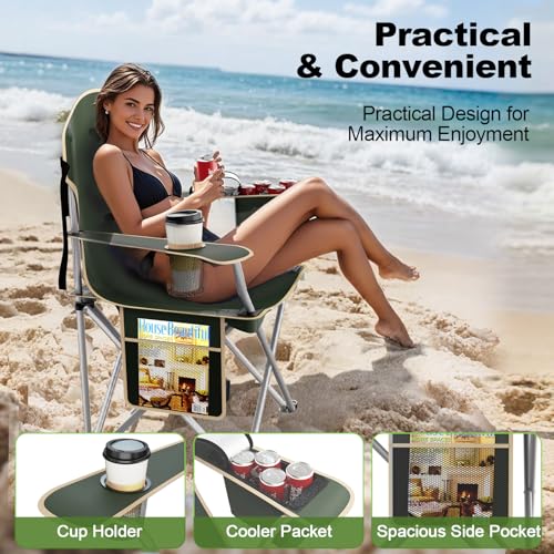 VTOY Folding Camping Chairs Durable 600D Oxford, Portable Outdoor Chair with Cooler Pouch, Cup Holder & Storage Pocket for Camping, Beach, Fishing - color: 2 Pack, Olive Green