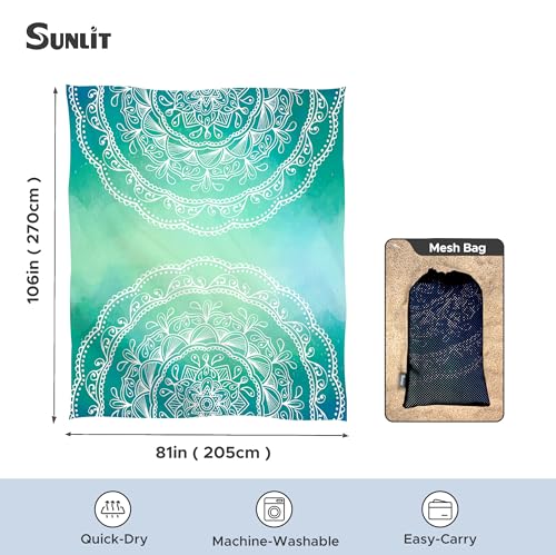 Sunlit Silky Soft Sand Proof Beach Blanket 106"x81" / 85"x72" Sand Proof Mat with Corner Pockets and Mesh Bag for Beach Party, Travel, Camping and Outdoor Music Festival, Mandala - color: Turquoise, size: 106"x81"