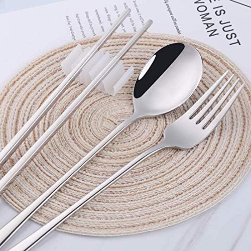 Portable Travel Flatware 3PCS Spoon Fork Chopsticks Set 18/10 Stainless Steel with Case and Bag for School Work Office lunch (Silver) - color: silver-1