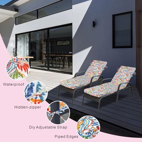 JMGBird 73" Outdoor Chaise Lounge Cushion - Thick Padded Tri-Fold Waterproof Patio Cushion with Removable Cover & Ties, Paisley Pattern - color: Paisley Print