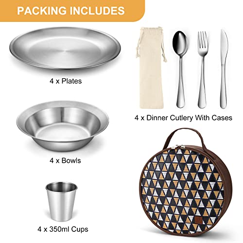 Odoland Stainless Steel Camping Mess Kit for Family & Person, Cooking Tableware Utensils with Plates Bowls Forks Spoons Knives & Savings Bag for Camping, Backpacking, Hiking, Picnic - style: 4 Person Set