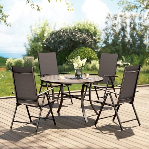 PHI VILLA Outdoor Patio Dining Set for 4, 42 Inch Round Patio Table Set with 4 Adjustable High Back Folding Patio Sling Chairs, Black - color: Black, size: 5 Piece Round
