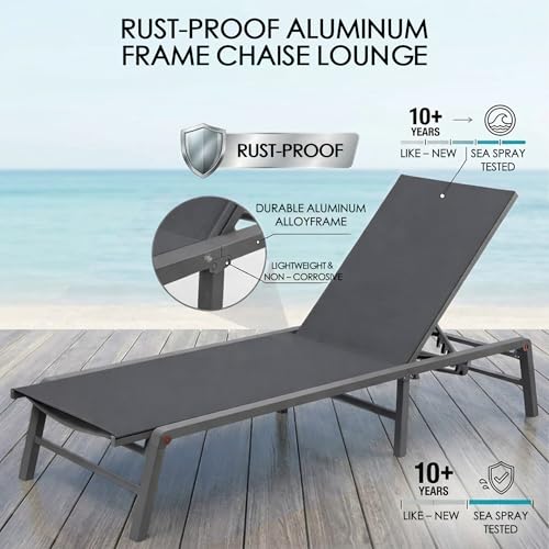 Kozyard Outdoor Foldable Lounge Chair, Aluminum Frame Patio Lounger with 5-Position Adjustable Backrest, Breathable Textilene Fabric, Assemble-Free, Reclining & Full-Flat Poolside (Gray, No Table) - color: Gray/Style3