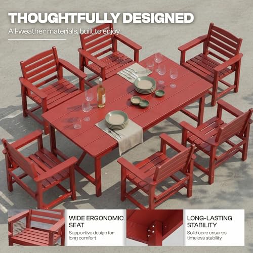 Outdoor HDPE Dining Set 7 Pieces, Patio Table with Umbrella Hole and 6 Chairs, All Weather Patio Furniture for Lawn, Garden, Backyard, Deck, Poolside, Outdoor Dining Table and Chairs, Red - color: Red, size: 7-Piece (1 Table + 6 Chairs)