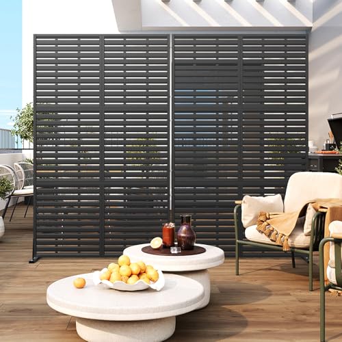 Metal Privacy Screen Outdoor with Stand, 6 ft Tall Decorative Privacy Fence Featuring Simple Assembly, Freestanding Fence Panels & Portable Divider Screens for Patio, Balcony, Garden, Backyard - color: Black&louvered, size: 72"H x 46.2"D