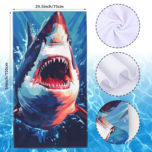 Microfiber Beach Towels,Watercolor Wild Animal Shark in Deep Sea Oversized Absorbent Bath Towels,Soft Quick Dry Thin Camping Towel for Adults Women Men,29.5"×59" - color: Watercolor Wild Animal Shark in Deep Sea