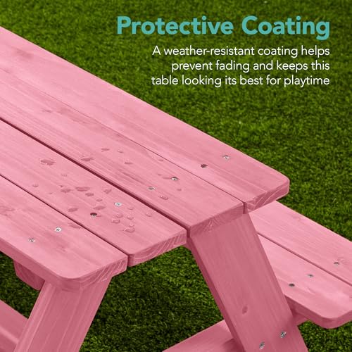 Best Choice Products Wooden Kids Picnic Table with Umbrella, Outdoor Activity Table Set with Built-in Benches, 220 lb Capacity per Bench - Pink - color: Pink