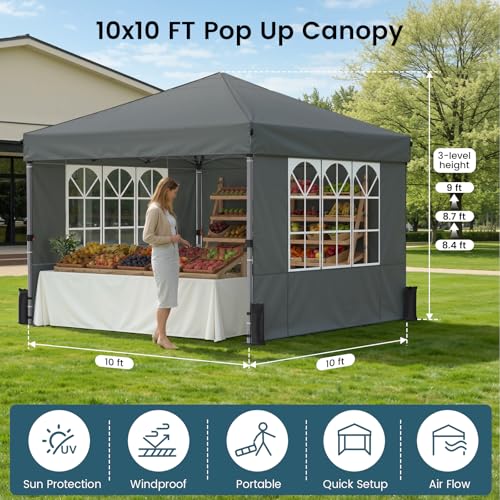 Raynesys Pop Up Canopy Tent with Sidewalls, 10x10ft 10 Person Party Tent One Push Setup, Portable Gazebo Outdoor Sun Shade for Events, Parties, Camping, Commercial, Silver Coated Top, Gray - color: Gray