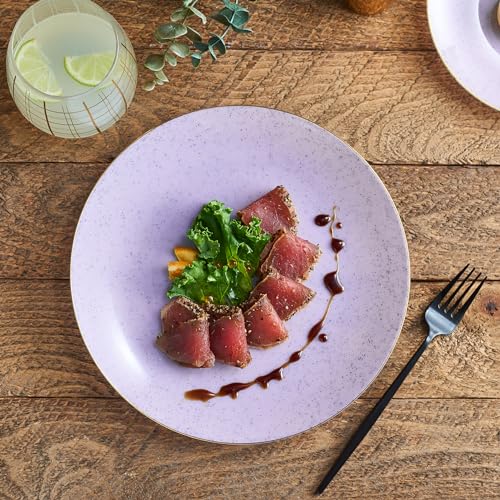 PLASTICPRO 32 Pack Elegant Disposable Plastic Plates Combo Set Includes 16 Dinner Plates and 16 Salad Plates Heavy Duty Fancy Party Plates Purple Granite Plates with Gold rim - color: Granite Collection Purple With Gold Rim