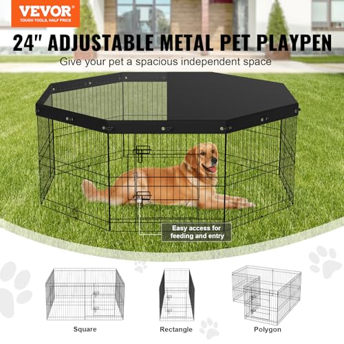 VEVOR Foldable Metal Dog Exercise Pen, Pet Puppy Playpen Yard Fence with Top Cover & Door, Indoor Outdoor 8 Panels 24" W x 24" H Dogs Crate Kennel with Ground Stakes for Small & Medium Dogs - size: 8 panels 24*24in, style: Playpen + Top Cover