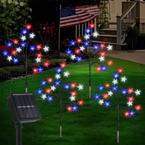 Lewondr 4th of July Decorations Solar Garden Lights, Outdoor Red Blue White Star Solar Lights, Waterproof Patriotic Decor with 20 LED 2 Lighting Modes for Independence Day Memorial Day, 4 Pack - size: 4 Pack, style: Red White Blue Stars
