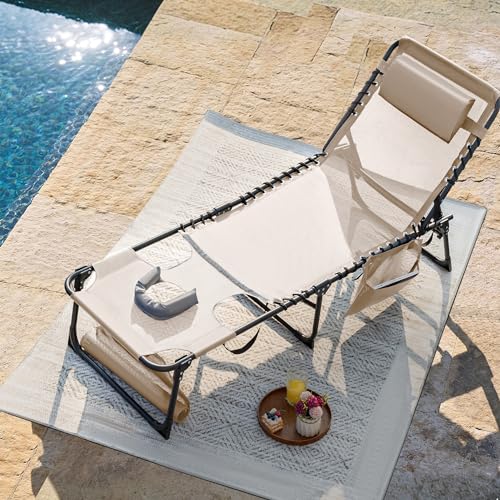 Flamaker Face Down Chaise Lounge Chair 5-Position Adjustable Sunbathing, Foldable Tanning Chair with Face& Arm Holes, Outdoor Recliner Chair for Pool, Beach, Patio, Lawn (Beige, 1 Pcs) - color: Beige, style: Sauna, 1 Pcs