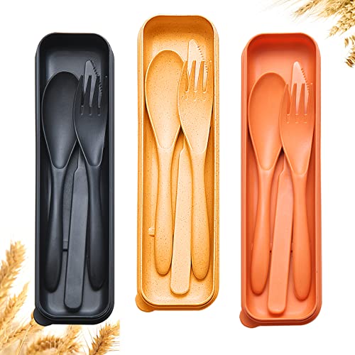 Reusable Travel Utensils Set with Case, 3 Sets Wheat Straw Portable Knife Fork Spoons Cutlery, Eco-Friendly BPA Free Plastic Tableware for Kids Adults Travel Picnic Camping Utensils - color: 3 Sets - Orange, Black, Yellow