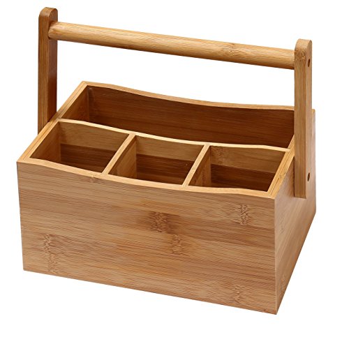 YBM HOME Bamboo Flatware Utensil Caddy with Napkin Holder and Handle, Wood Picnic Basket for Kitchen and Camping Trip, 336