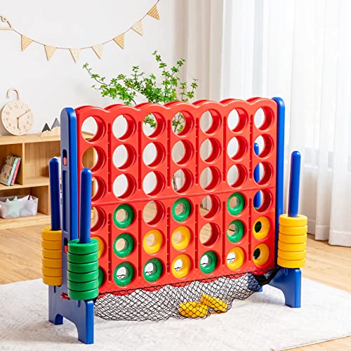Costzon Giant 4-in-A-Row, Jumbo 4-to-Score Giant Game Set for Kids & Adults, Indoor Outdoor Yard Connect Game, 3.5FT Tall with 42 Jumbo Rings & Quick-Release Slider, Perfect for Family & Party Games - color: With Mesh Net