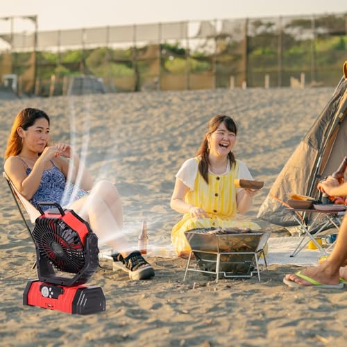 Battery Powered Fan Portable,20000mAh Rechargeable Camping Fan with LED Lantern,Auto-Oscillating USB Personal Battery Operated Fans Portable for Tens & Hanging Hook (Red) - color: Red