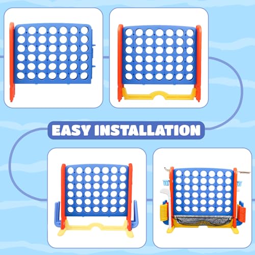 Giant 4-in-A-Row Connect Game Set, Adjustable Height Jumbo Yard Game with Golf, Basketball Hoop, Ring Toss & Mesh Pocket, Indoor & Outdoor Yard Connect Game for Kids Adults Family - color: Blue